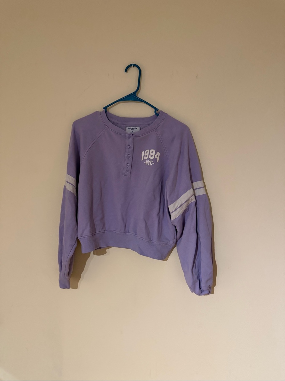 Old Navy Lavender Henley Sweatshirt with White Sleeve Stripes